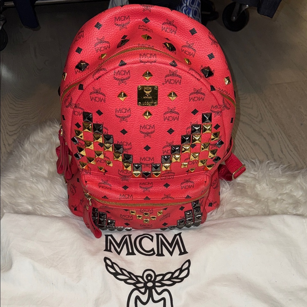 MCM Red Backpack with Black and Gold Studs